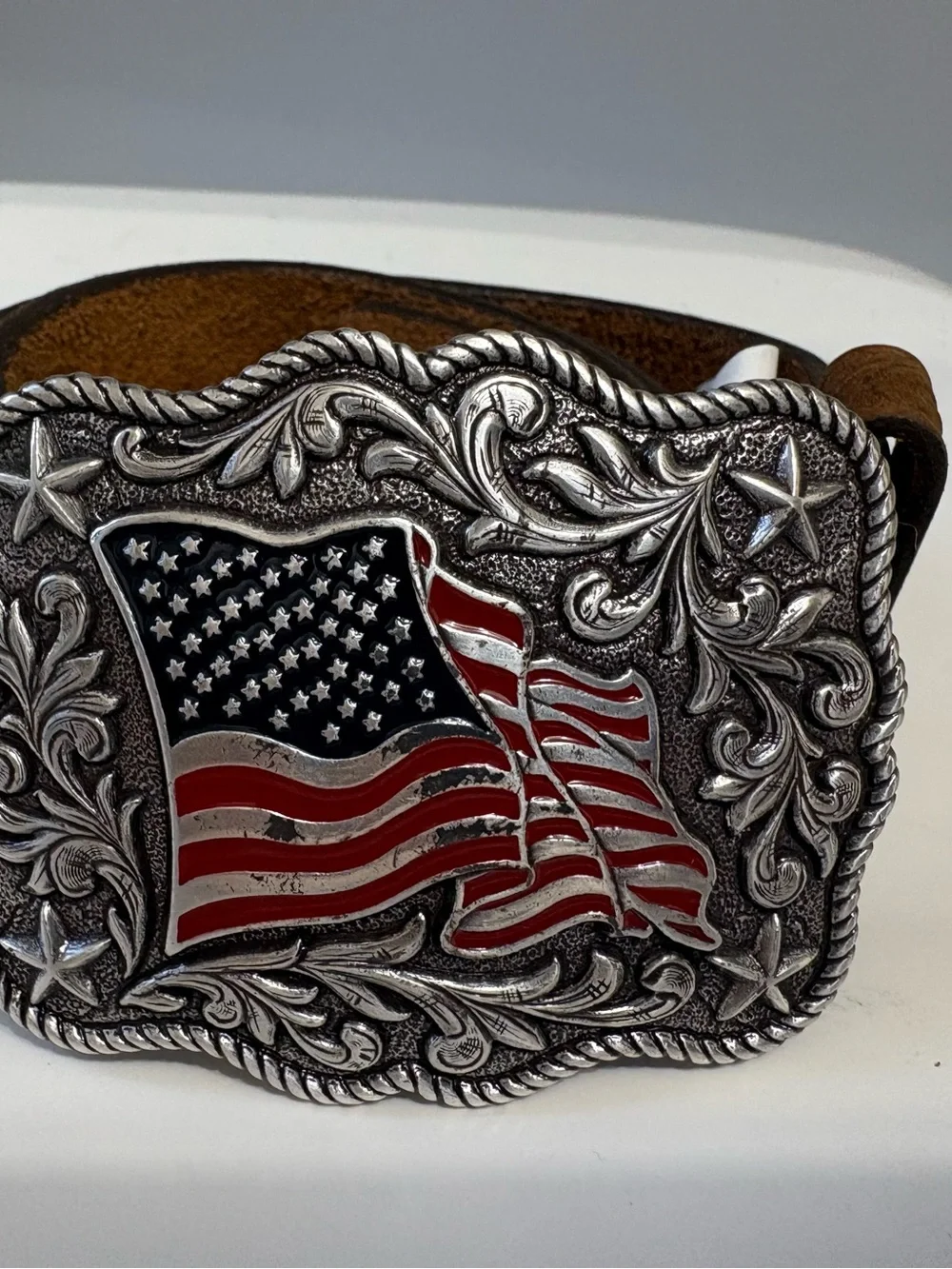American Flag Western Belt and Buckle - Brown Leather - Size 26 - measures 32”